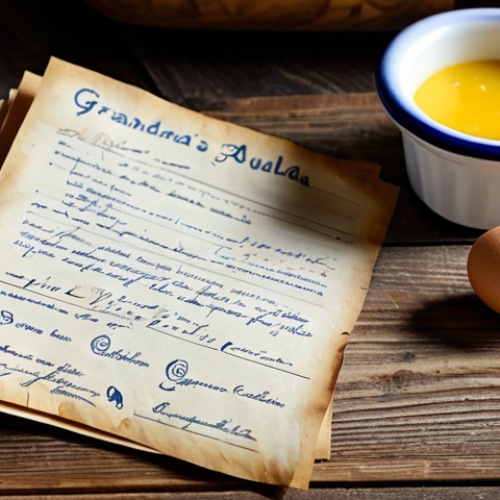 Home 4 Handwritten Recipe Card**
"Close-up shot of an old, stained recipe card for 'Croquetas de la Abuela' (Grandma's Croquettes), written in faded ink on aged paper. The card is resting on a rustic wooden kitchen table, surrounded by vintage cooking utensils and ingredients like flour, eggs, and breadcrumbs. Soft, warm lighting. perfect anatomy, proper finger count, well-formed hands safe for work, appropriate content, fully clothed, professional, family-friendly."
**