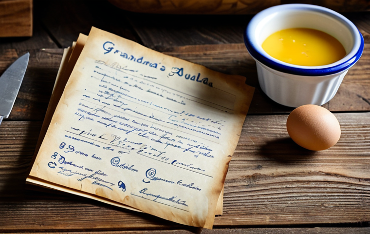 Handwritten Recipe Card**

"Close-up shot of an old, stained recipe card for 'Croquetas de la Abuela' (Grandma's Croquettes), written in faded ink on aged paper. The card is resting on a rustic wooden kitchen table, surrounded by vintage cooking utensils and ingredients like flour, eggs, and breadcrumbs. Soft, warm lighting. perfect anatomy, proper finger count, well-formed hands safe for work, appropriate content, fully clothed, professional, family-friendly."

**