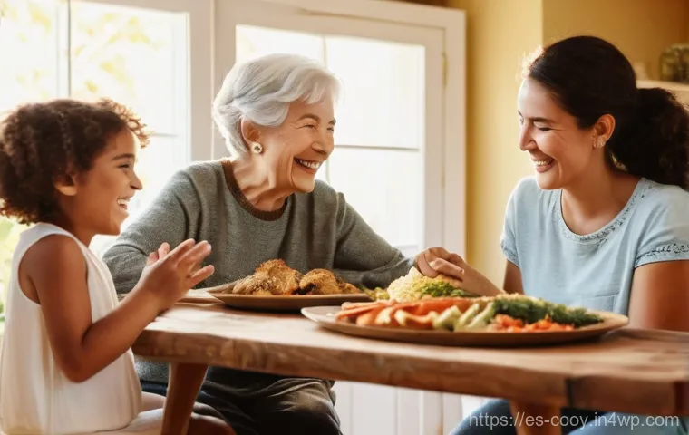 특별한 가족 행사와 요리 유산 기록하기 - **Prompt:** A warm and inviting scene of a multi-generational family laughing together around a rust...