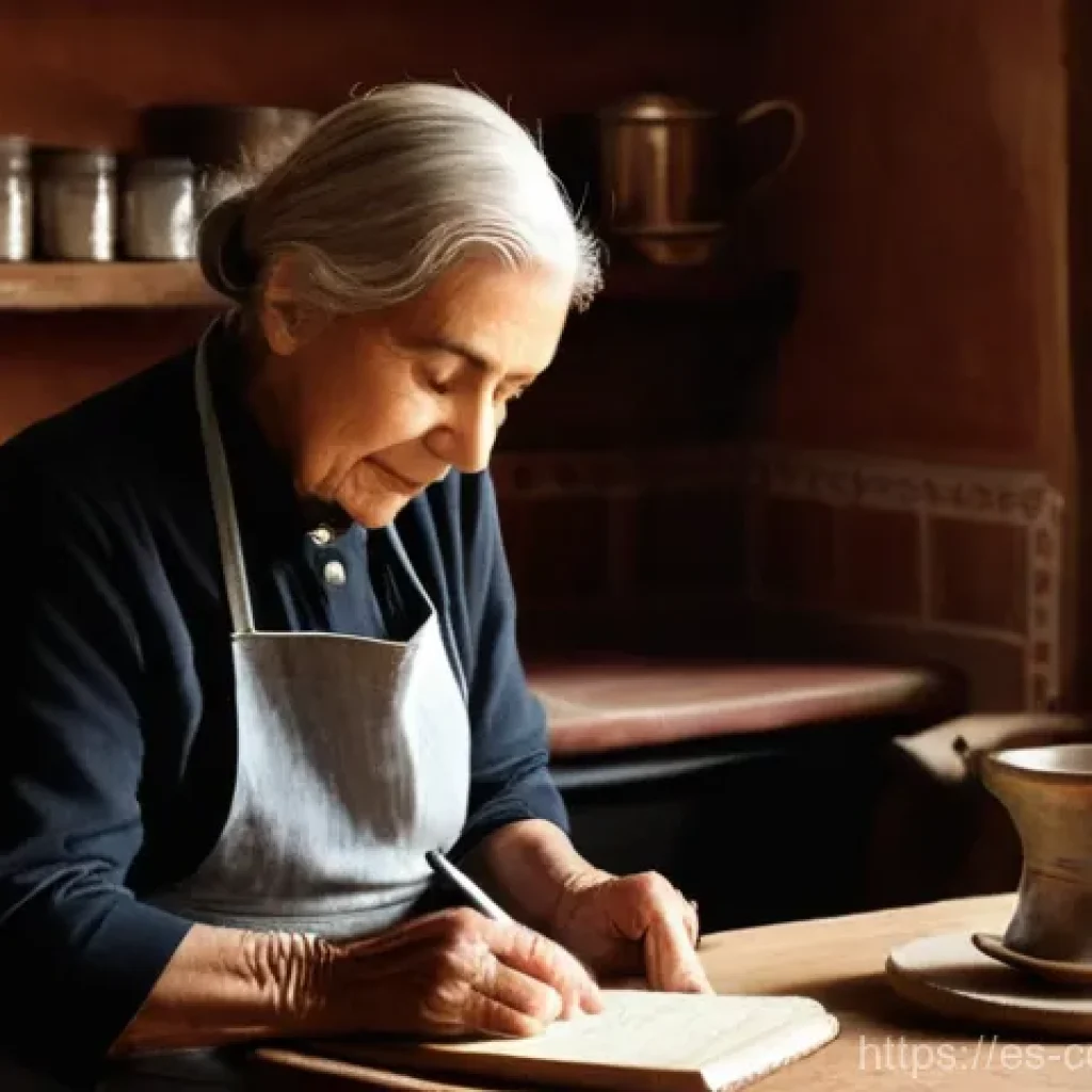 가족 요리 유산을 주제로 한 블로그 운영하기 - **Prompt:** A cozy, warm scene inside a traditional Spanish kitchen. An elderly woman with kind, wri...