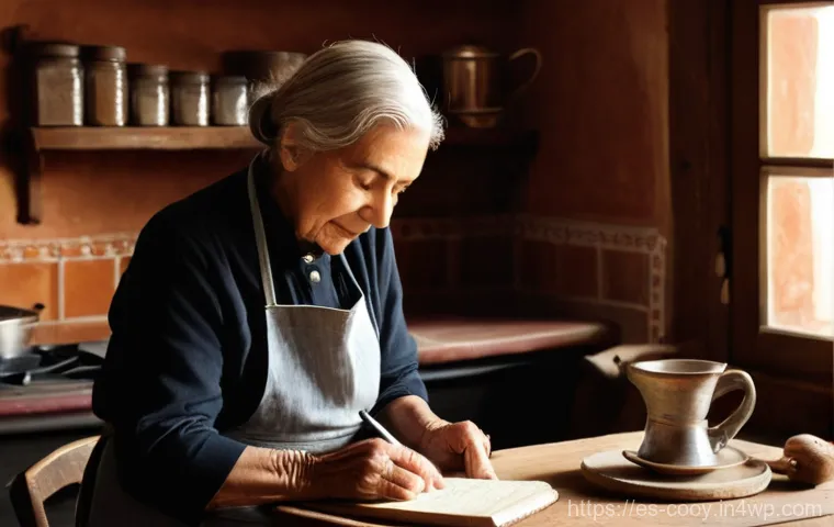 가족 요리 유산을 주제로 한 블로그 운영하기 - **Prompt:** A cozy, warm scene inside a traditional Spanish kitchen. An elderly woman with kind, wri...