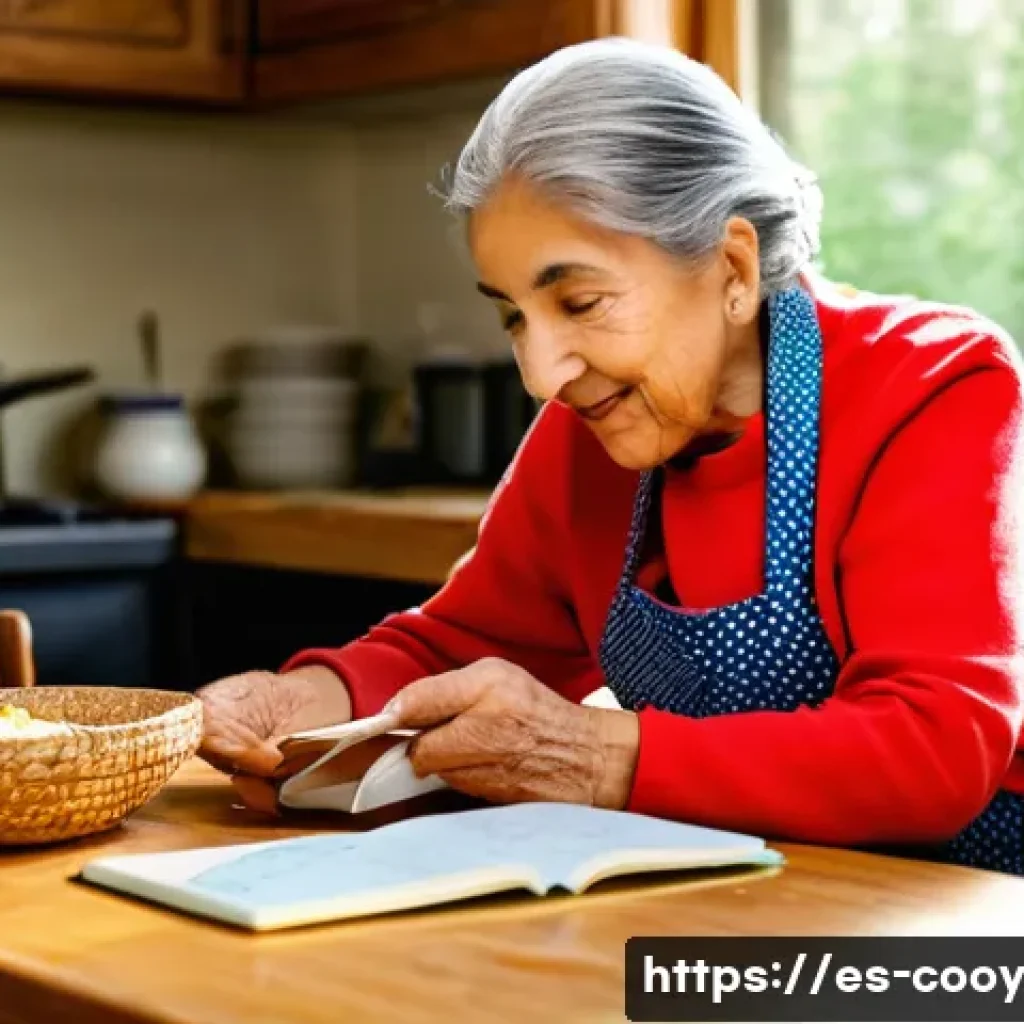 가족 요리 유산 기록을 위한 외부 리소스 활용법 - A heartwarming scene in a cozy, sunlit kitchen. An elderly Latina grandmother, with kind eyes and a ...