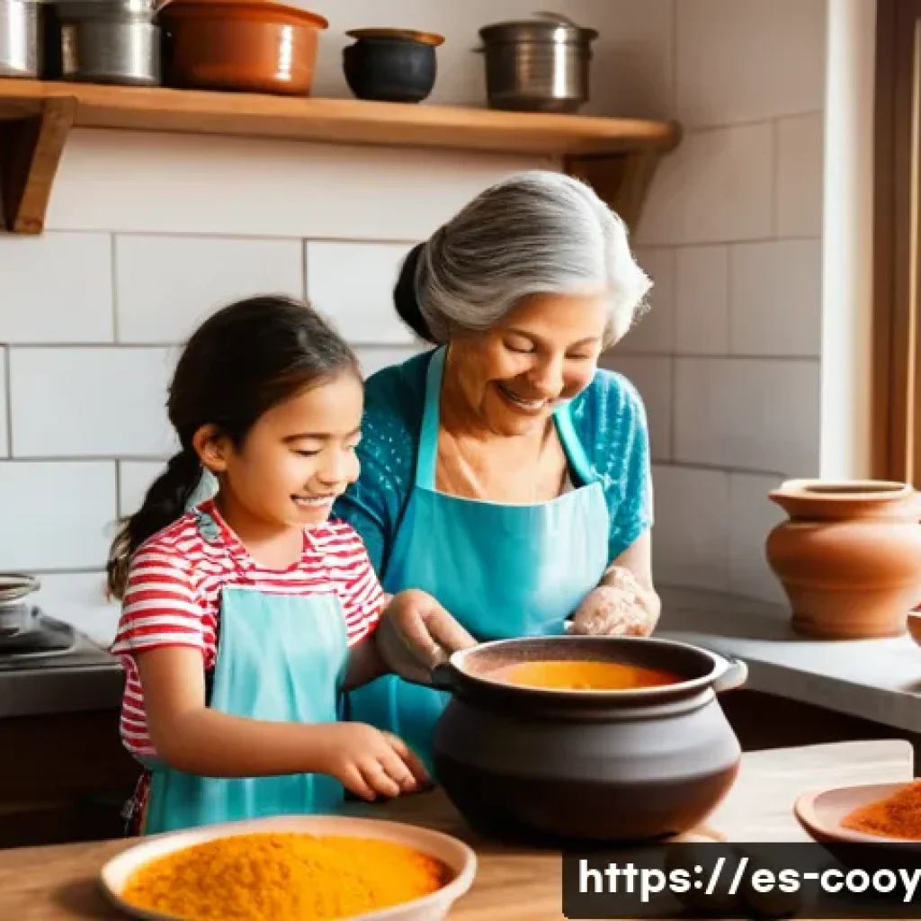 가족 요리 비법을 전수하는 온라인 클래스 기획 - A warm, inviting family kitchen scene in a Spanish home, showing a multi-generational family cooking...