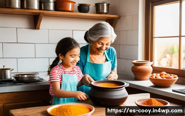 가족 요리 비법을 전수하는 온라인 클래스 기획 - A warm, inviting family kitchen scene in a Spanish home, showing a multi-generational family cooking...