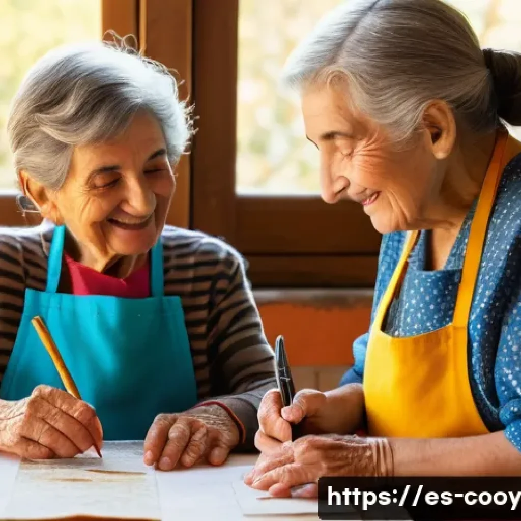 전통 요리 레시피 수집 노하우 - A warm, inviting kitchen scene in a traditional Spanish home, featuring an elderly grandmother and h...