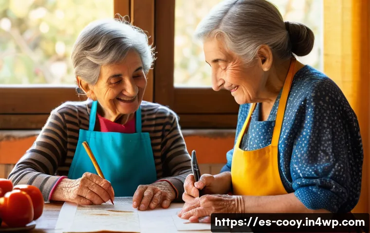 전통 요리 레시피 수집 노하우 - A warm, inviting kitchen scene in a traditional Spanish home, featuring an elderly grandmother and h...