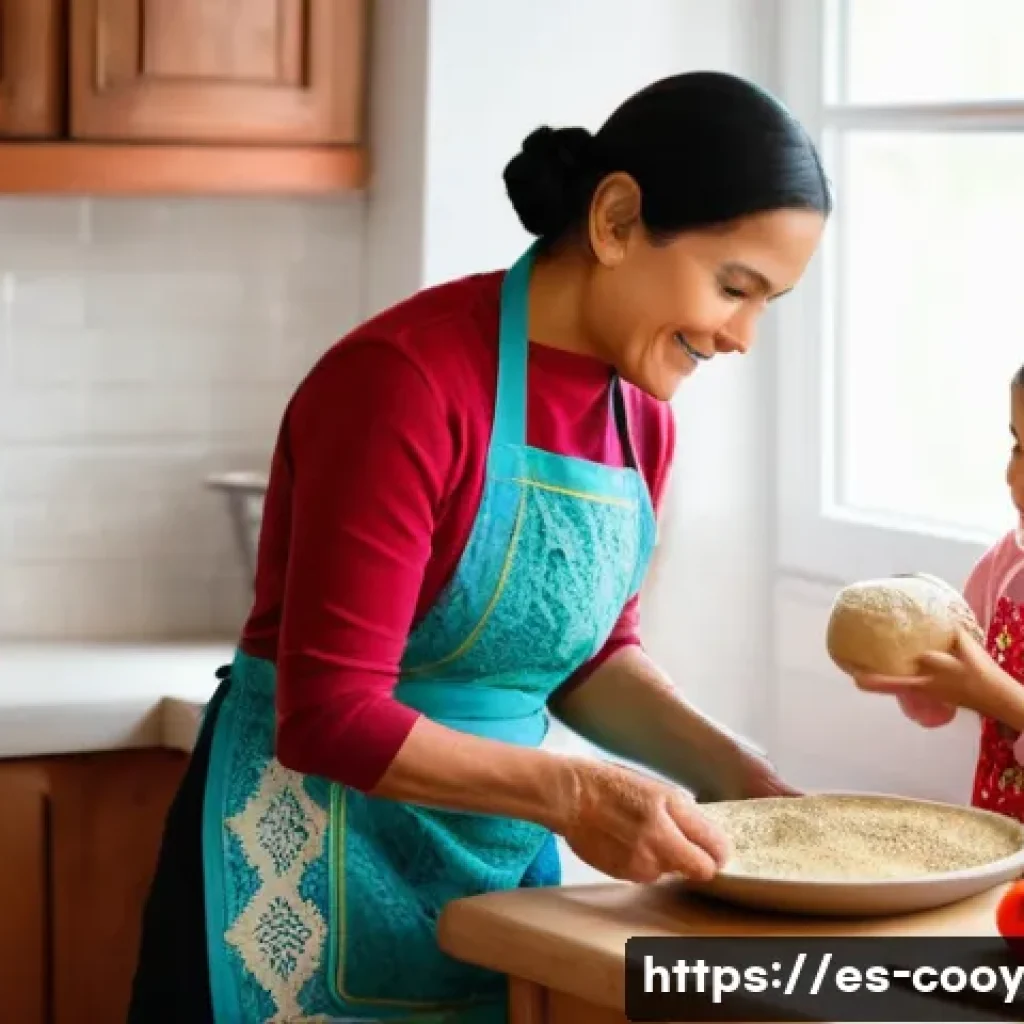 세대간 요리 전통을 이어가는 이야기 - A warm, cozy kitchen scene featuring a multi-generational Hispanic family cooking traditional dishes...