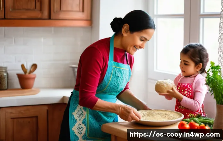 세대간 요리 전통을 이어가는 이야기 - A warm, cozy kitchen scene featuring a multi-generational Hispanic family cooking traditional dishes...