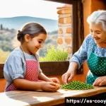 Home 21 전통 음식과 가족의 역사 연결하기 - A warm, sunlit traditional Spanish kitchen scene featuring a multi-generational family cooking toget...