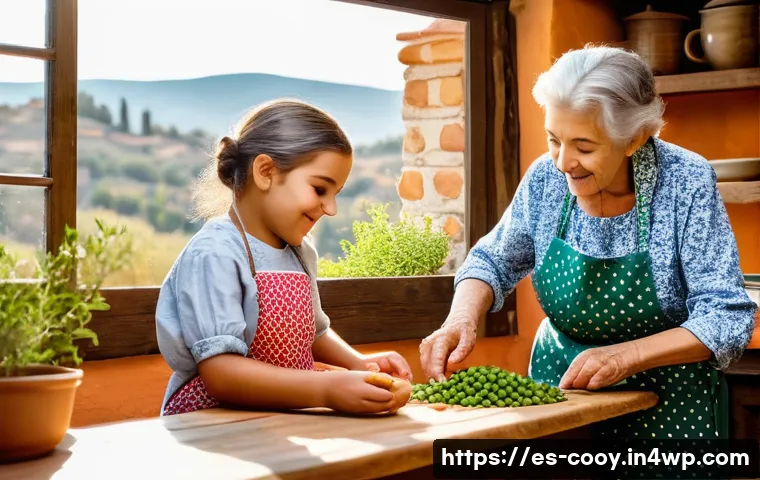 전통 음식과 가족의 역사 연결하기 - A warm, sunlit traditional Spanish kitchen scene featuring a multi-generational family cooking toget...