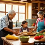 Home 20 요리 유산을 통한 가족 결속력 강화 - A warm, multigenerational Hispanic family gathering in a traditional kitchen, preparing a classic ho...