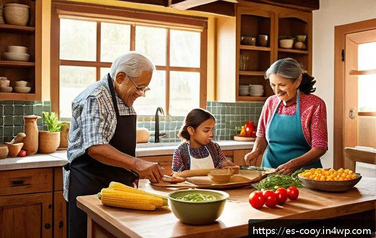 요리 유산을 통한 가족 결속력 강화 - A warm, multigenerational Hispanic family gathering in a traditional kitchen, preparing a classic ho...