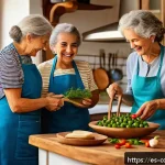 Home 19 가족 요리 유산을 주제로 한 연구 논문 아이디어 - A warm, cozy Spanish kitchen scene featuring a multi-generational family cooking together. The grand...