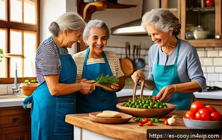 가족 요리 유산을 주제로 한 연구 논문 아이디어 - A warm, cozy Spanish kitchen scene featuring a multi-generational family cooking together. The grand...