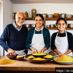 Home 18 가족 요리 유산을 통한 정체성 찾기 - A warm, cozy kitchen scene in a traditional Spanish home during a family gathering, where multiple g...