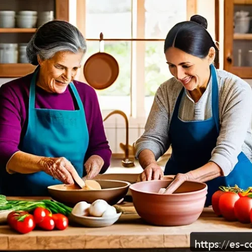 Home 17 가족 요리 유산을 다룬 책 추천 - A warm, rustic Spanish family kitchen scene showing multiple generations cooking traditional recipes...