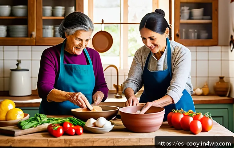 가족 요리 유산을 다룬 책 추천 - A warm, rustic Spanish family kitchen scene showing multiple generations cooking traditional recipes...